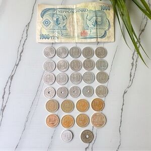 Vintage Japanese Currency Lot — 30 Coins + 1,000 Yen Bill (1970s–2000s)
